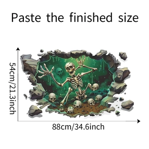 3D Halloween wall sticker showing broken wall skeleton with 88x54cm size dimensions