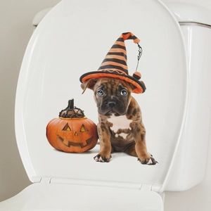 Detailed wall sticker showing a dog with wizard hat and pumpkin on a white toilet lid