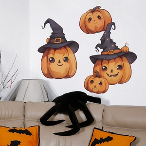 Halloween wall stickers featuring pumpkin family with witch hats for home wall decoration