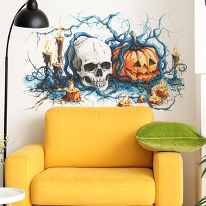 Halloween wall sticker featuring skulls and pumpkins above a yellow sofa in a living room