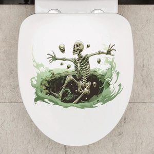 Detailed 3D Halloween toilet lid sticker featuring a spooky skeleton rising from green mist