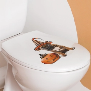 Detail of 3D Halloween toilet sticker showing a puppy in a wizard hat with a pumpkin