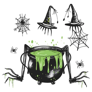 Halloween witch cauldron and wizard hat wall stickers with green potion and spider web