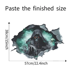 Macro detail of 3D Halloween wall sticker showing grim reaper and dimensions 57x38cm