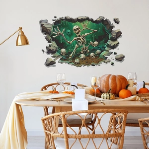 3D Halloween wall sticker with skeleton and skulls bursting through a broken wall