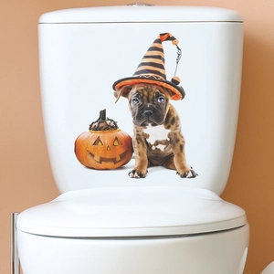 Halloween puppy wall sticker with wizard hat and pumpkin for bathroom toilet decor