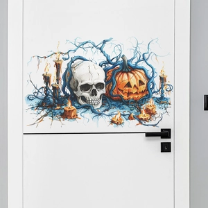 Detail of Halloween door sticker featuring skull, pumpkin, vines and candles