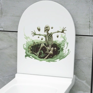 Detailed 3D Halloween toilet sticker showing a green skeleton jumping out of a dark pit