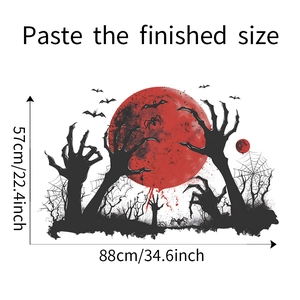 Détail sticker mural Halloween lune rouge et mains de zombie, dimensions 88x57cm déco