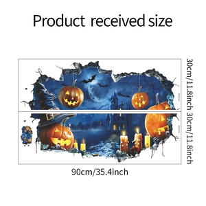 Detail view of 3D Halloween wall decals with pumpkins and castle showing precise dimensions