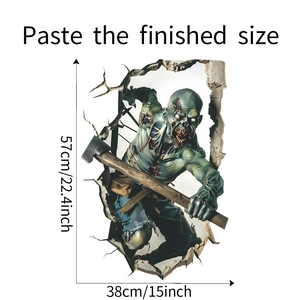 Detailed 3D wall sticker dimensions 57x38cm showing zombie hand with axe breaking wall
