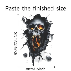 Macro detail of a 3D wall sticker featuring a realistic skull with glowing orange flames
