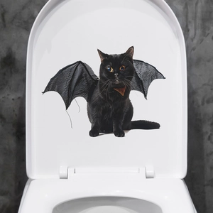 Detailed view of Halloween black cat with bat wings self-adhesive 3D toilet lid sticker