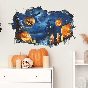 3D Halloween wall decal featuring a spooky pumpkin castle scene with bats and a full moon