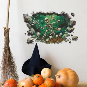 3D Halloween wall decal featuring a skeleton breaking through a stone wall for home decor