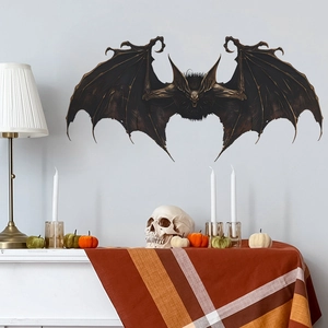 Close-up of gothic 3D bat wall stickers in a spooky Halloween home decor setting