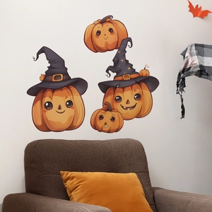 Halloween wall stickers featuring cute pumpkins with witch hats for home bedroom decoration