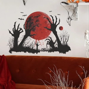 Détail de stickers muraux lune rouge et main de squelette pour décor intérieur Halloween