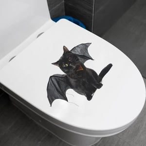 Halloween 3D black cat with bat wings toilet lid sticker for spooky home bathroom decor