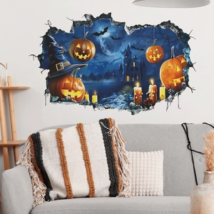 3D Halloween wall sticker featuring pumpkins, castle and bats for living room decor
