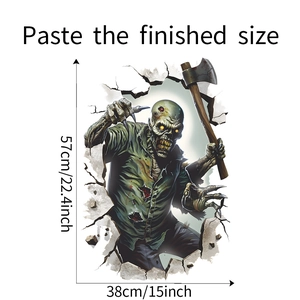 3D zombie wall decal with axe and broken wall effect, 57x38cm Halloween wall sticker decoration