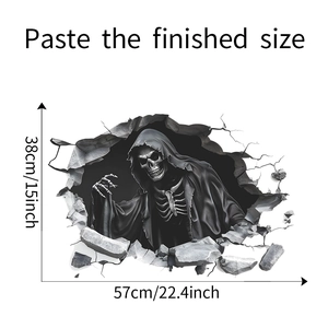Detail showing 3D wall sticker dimensions of a skull breaking through white wall surface