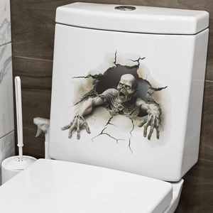 3D realistic zombie wall sticker appearing to break through a white ceramic toilet surface