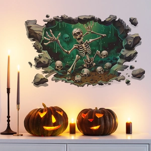 Detailed 3D wall sticker of a skeleton breaking through a wall with Halloween lighting