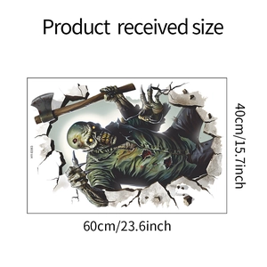 3D Halloween wall decal of a zombie with axe breaking through wall, 60cm by 40cm layout