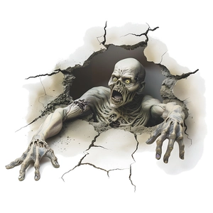 Macro detail of 3D zombie wall sticker showing realistic cracked wall and scary monster