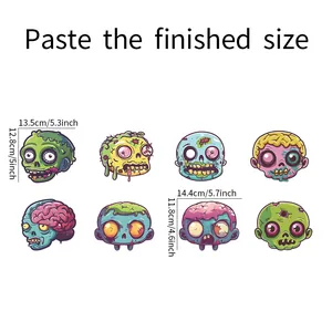 Size guide for 8 colorful zombie skull wall stickers with exact width and height dimensions