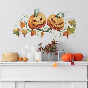 Halloween wall stickers featuring pumpkin lanterns and autumn leaves on white wall decor