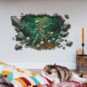 3D Halloween wall decal featuring a realistic skeleton breaking through a stone wall