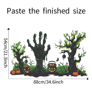 Détail du sticker Halloween avec arbre hanté et citrouille affichant 88x54cm dimensions