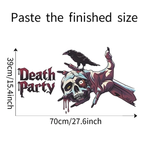 Detailed size specifications for Death Party wall sticker with raven and skull hand motif
