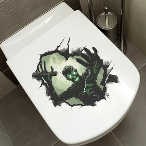 3D zombie toilet lid decal with green glowing eyes and cracked wall visual effect
