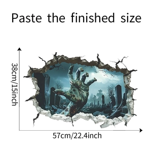 Detailed 3D wall sticker dimensions 57x38cm showing zombie hands breaking through wall