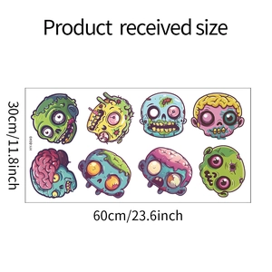 Detailed sheet showing eight zombie and monster wall stickers in a 30x60cm product layout