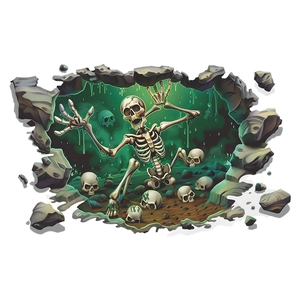 3D Halloween wall decal featuring a realistic skeleton breaking through a cracked stone wall