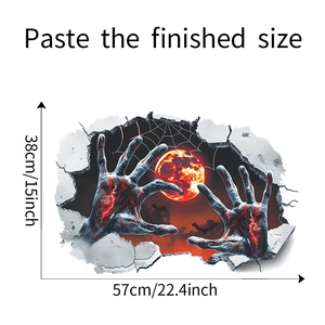 3D Halloween wall decal showing cracked wall with creepy skeleton hands and red moon