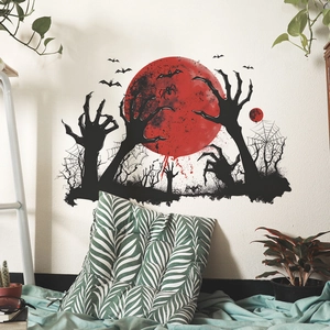 Sticker mural d'Halloween avec lune rouge, mains de squelette et chauves-souris décoratives