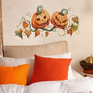 Detailed wall sticker featuring Halloween pumpkins and autumn leaves on bedroom wall