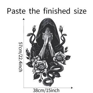 Detail view of gothic skeleton wall sticker with roses and snake showing 57x38cm size