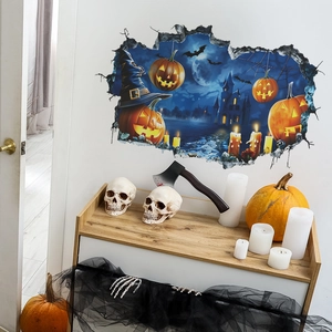 3D Halloween wall sticker featuring a breaking wall effect with pumpkins and castle