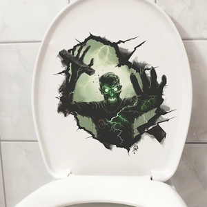3D Halloween wall sticker featuring a scary green zombie breaking through a white toilet lid