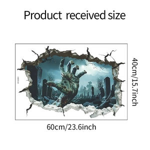 Detail view of 3D Halloween wall sticker showing zombie hand reaching through broken wall