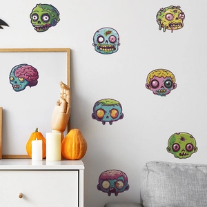 Colorful Halloween zombie head wall stickers set on white wall for festive room decor