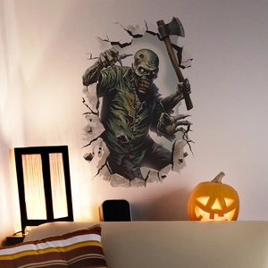 Scary 3D zombie wall sticker with axe creating a cracked wall effect in living room