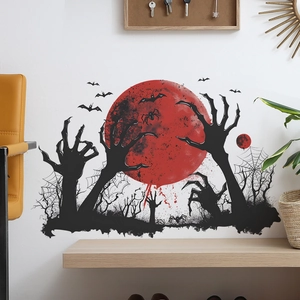 Sticker mural d'Halloween avec lune rouge, chauves-souris et mains effrayantes décor
