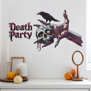Halloween wall sticker featuring skull, raven and zombie hand with Death Party text on white wall